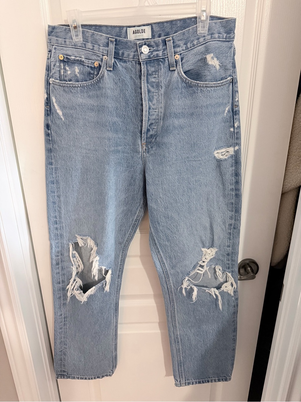 Agolde Light Wash Distressed Straight-Leg Jeans